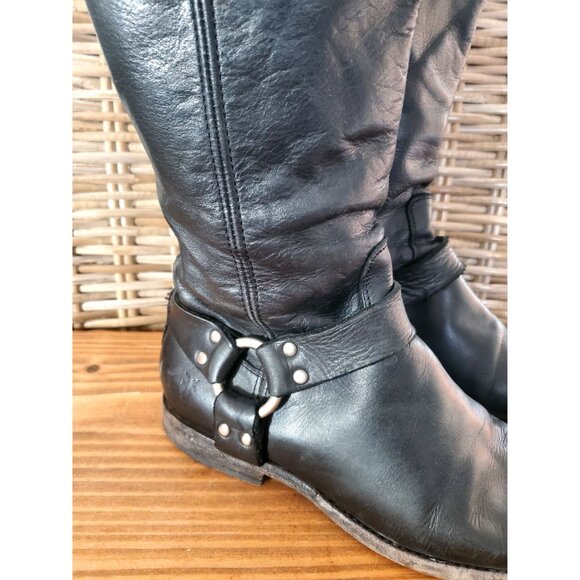 Vintage Frye Black Leather Knee-High Boots With Buckle & Zipper Detail Size 8 - Picture 2 of 10